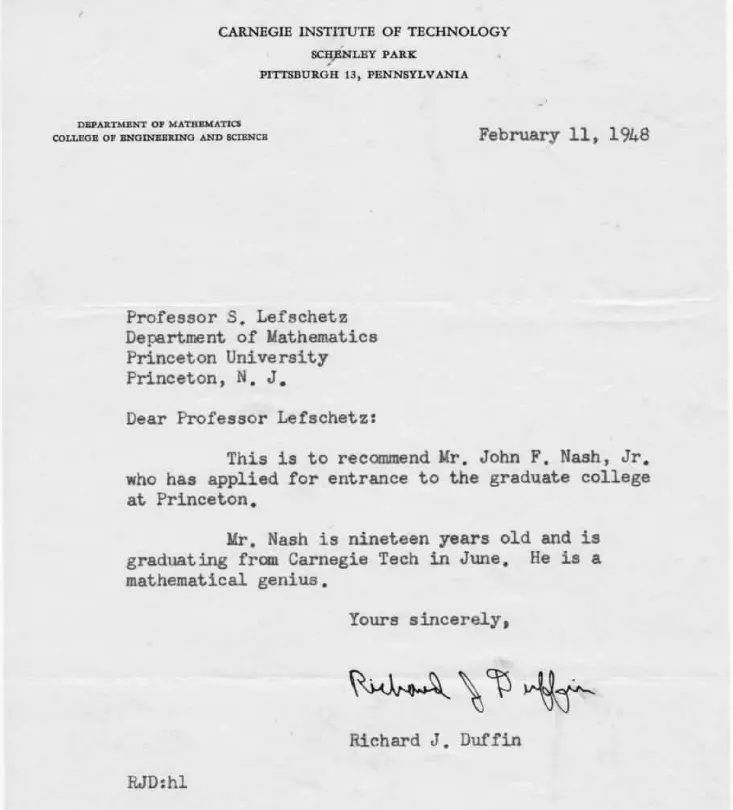 John Nash letter of recommendation