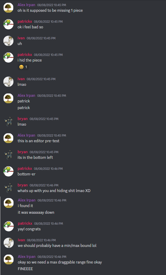 Conversation during Discord testing of breakout where someone hid a piece far down the screen