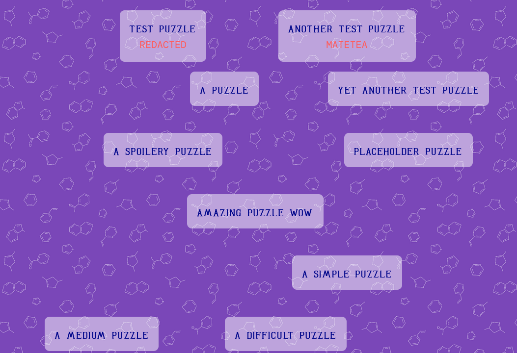 A round page with fake puzzle names like "Test Puzzle"