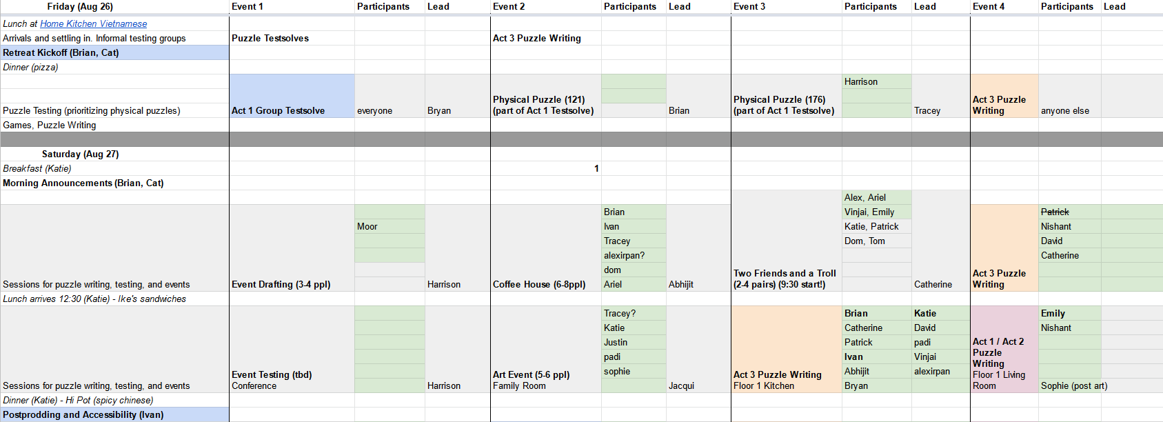 Retreat schedule, Friday + Saturday