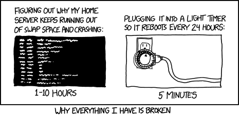 xkcd comic about how restarting a server every 24 hours is easier than debugging the root cause